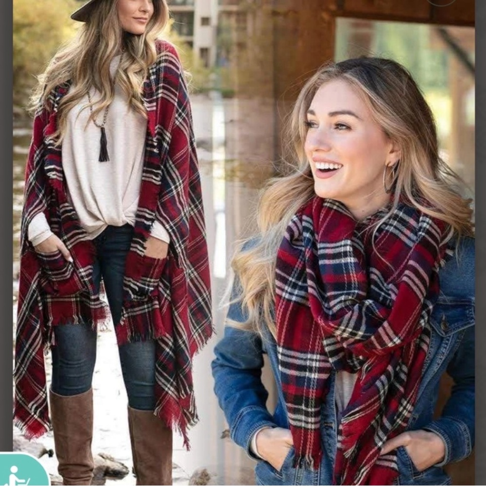 Grace & Lace Winter Weight Pocket Poncho/Scarf in a red and midnight plaid